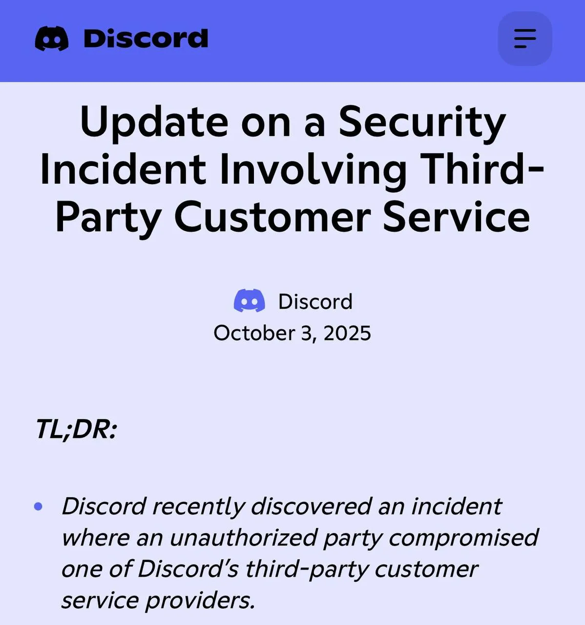 Письмо от команды Discord*