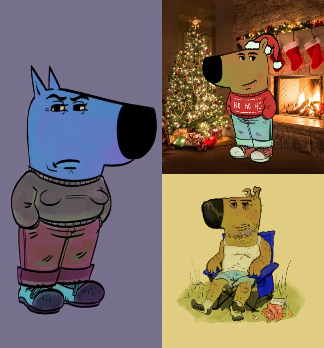 Официальные адаптации мема от Филиппа Бэнкса: Unchill Girl, Jolly Guy (Merry Christmas) и Chill Guy (has seen better days)