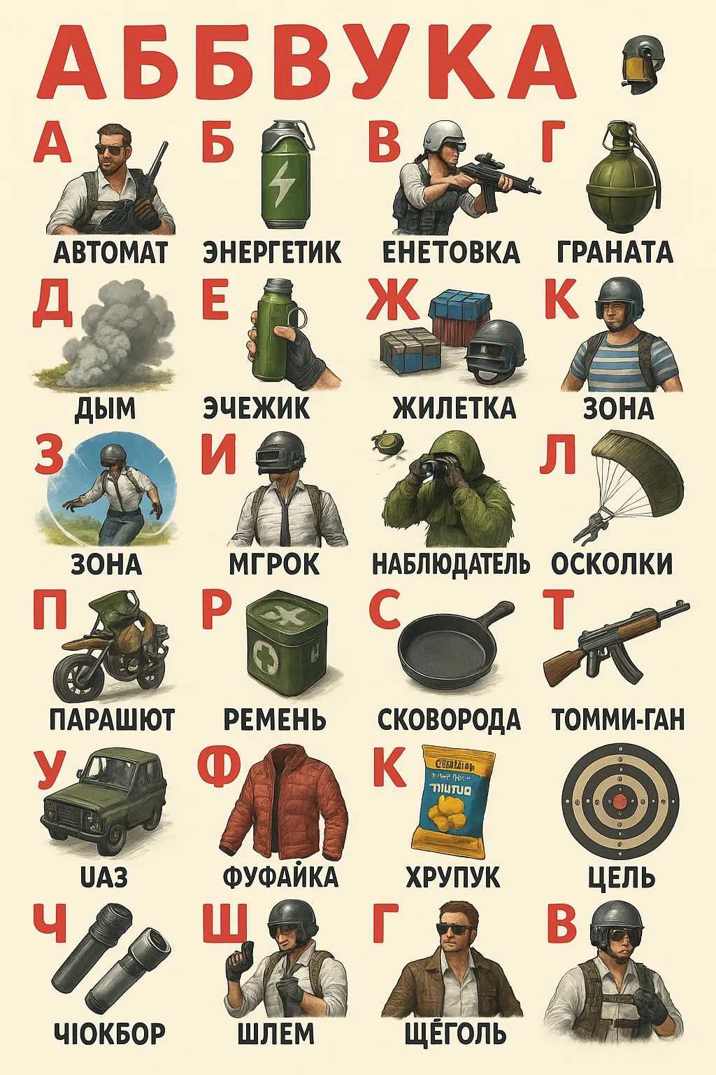 ИИ-алфавит по мотивам PUBG