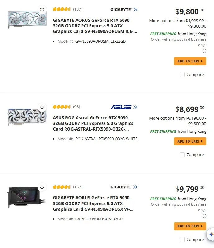 Цены на GeForce RTX 5090