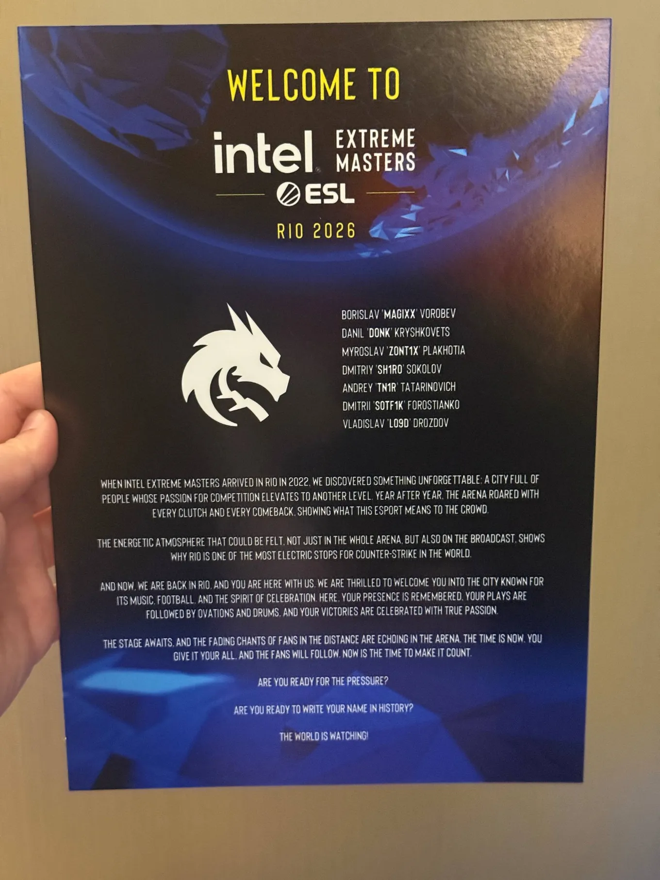 Приветственное письмо на IEM Rio 2026