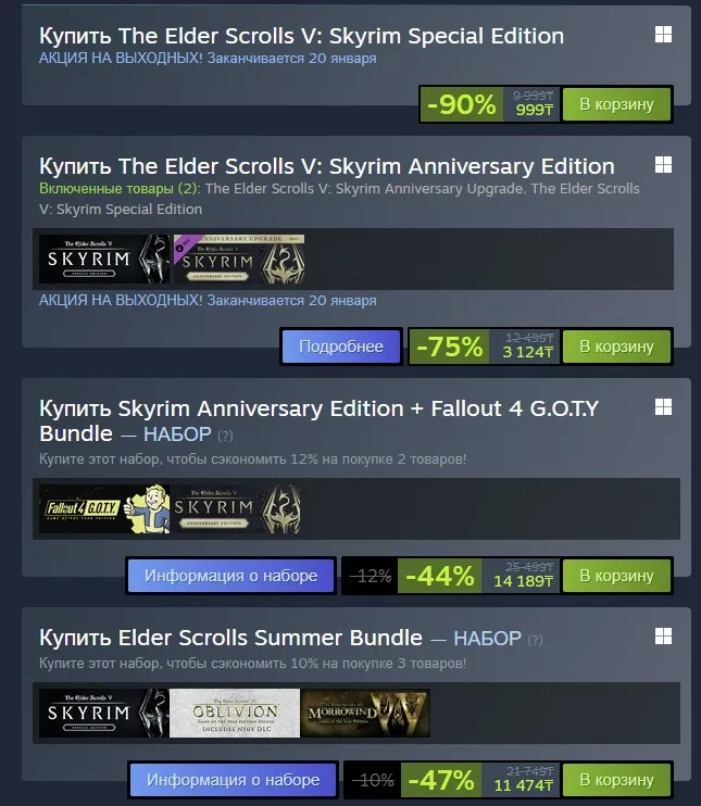 Распродажа версий The Elder Scrolls V в Steam