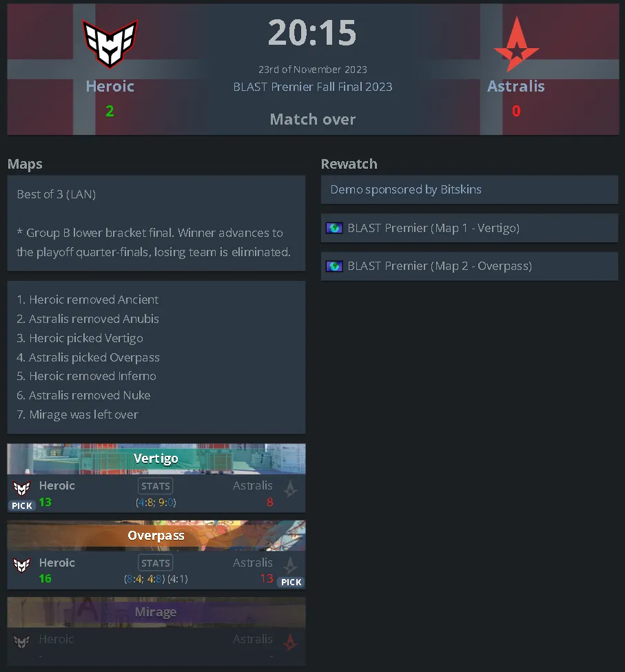 Матч Heroic против Astralis до обновления составов