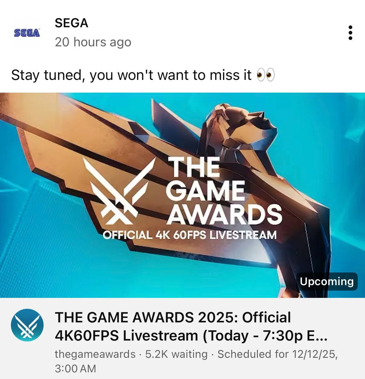 Пост Sega на YouTube-канале