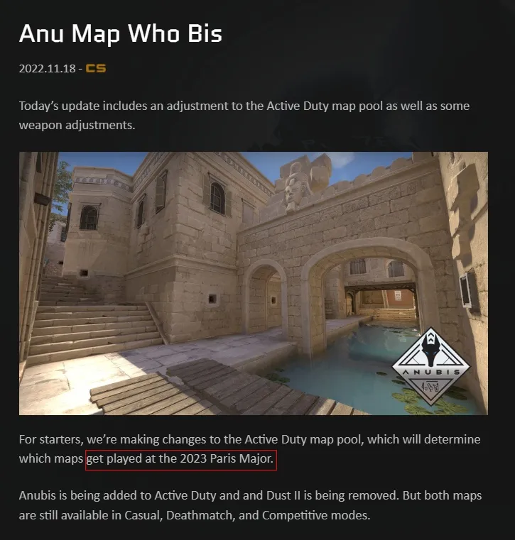 Карта Anubis будет играться на BLAST Paris Major 2023 
