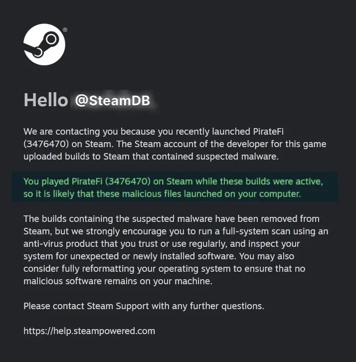 Информация об удалении PirateFi из Steam