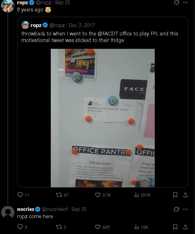 В ответ на пост ropz Майдар позвал ropz в офис FACEIT