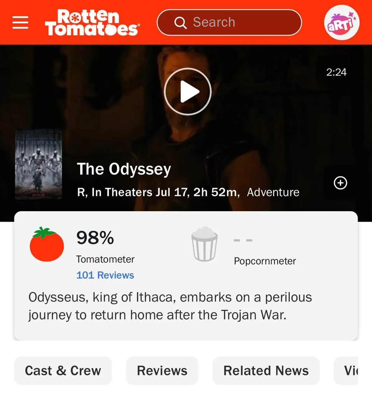 15 июля 2026 года рейтинг «Одиссеи» Кристофера Нолана на Rotten Tomatoes составил 98%