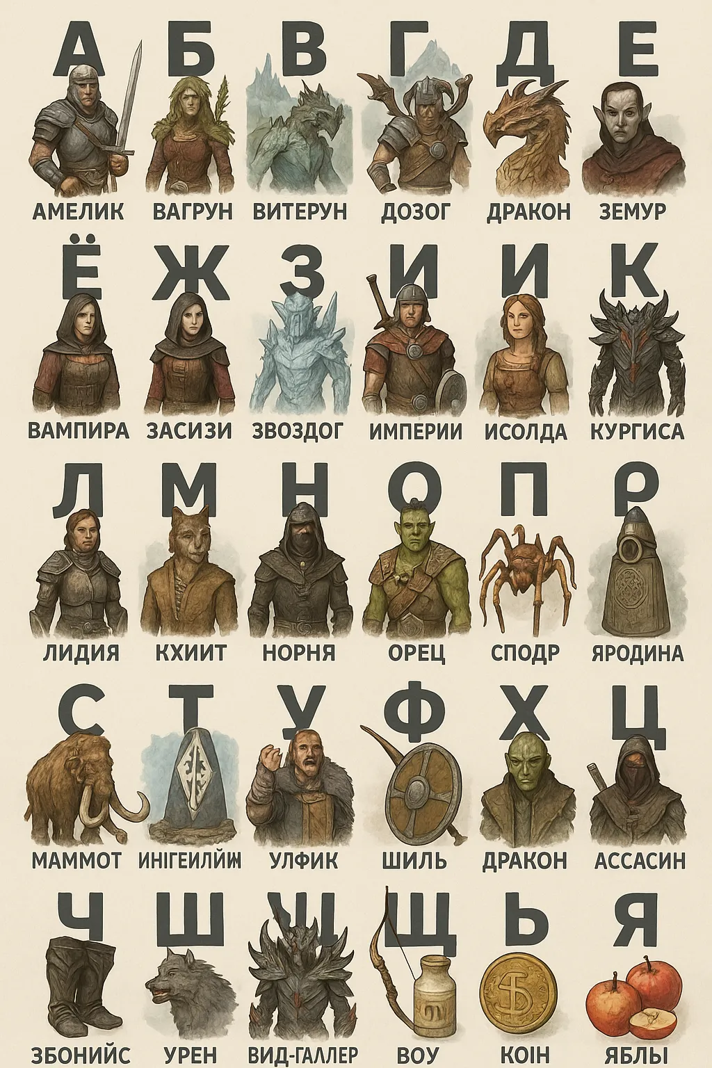 ИИ-алфавит по мотивам TES 5: Skyrim