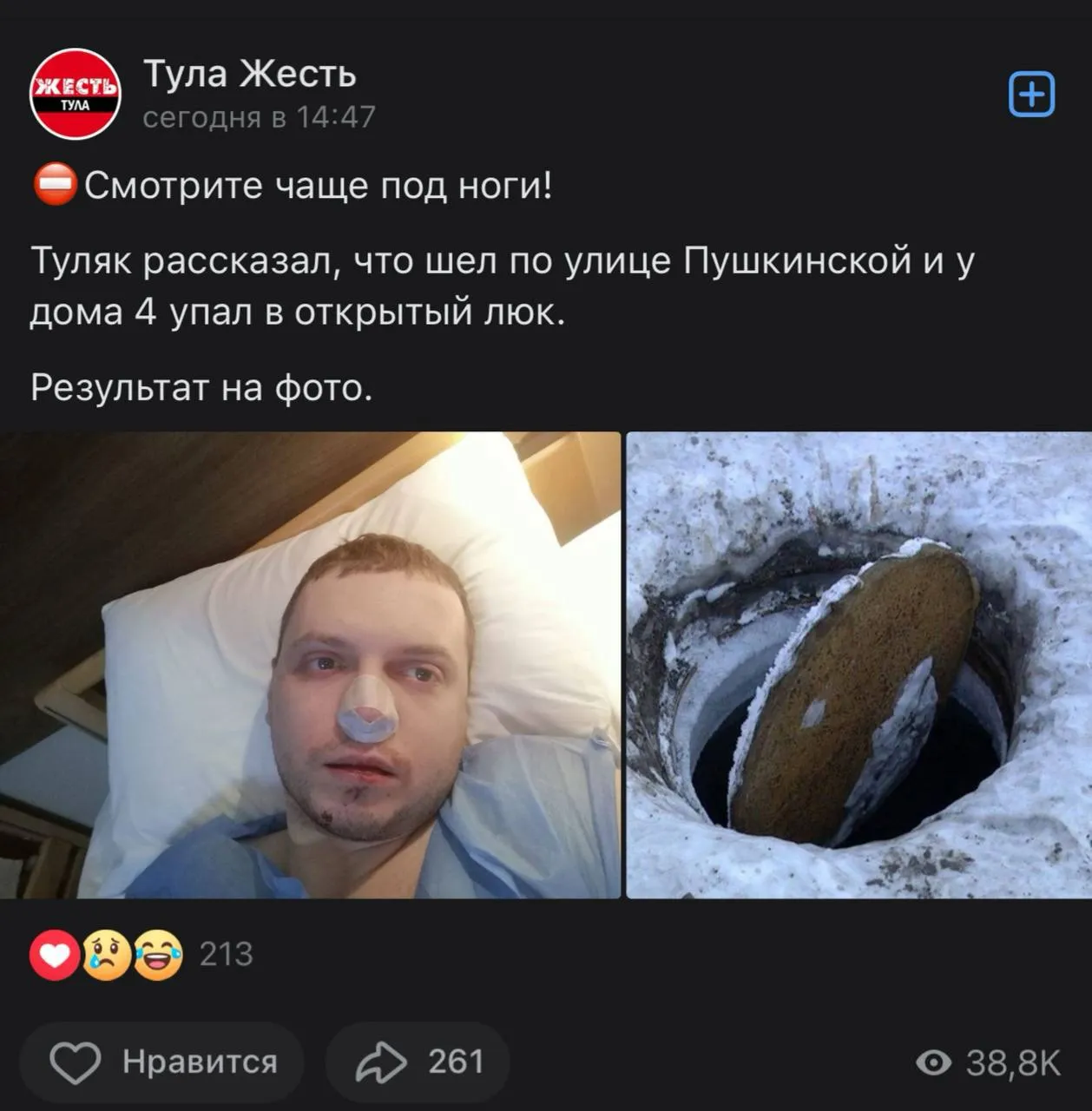 Тульские СМИ начали постить новость о Папиче, который упал в открытый люк