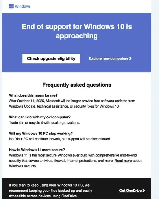 Письмо от технической поддержки Microsoft