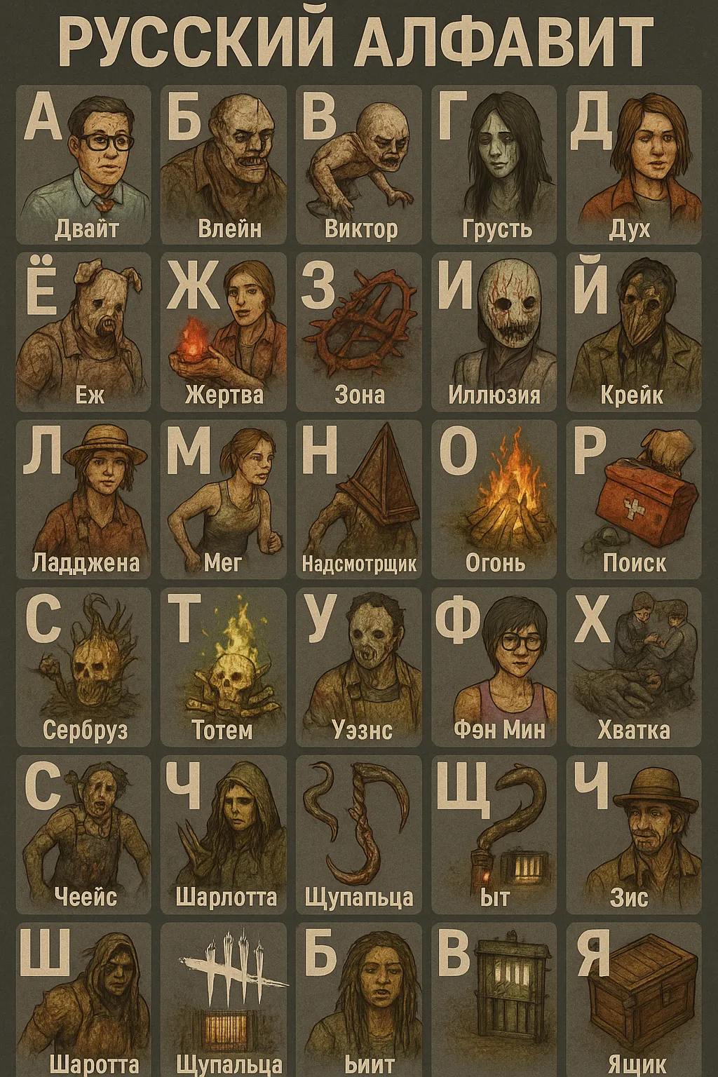 ИИ-алфавит по мотивам Dead by Daylight
