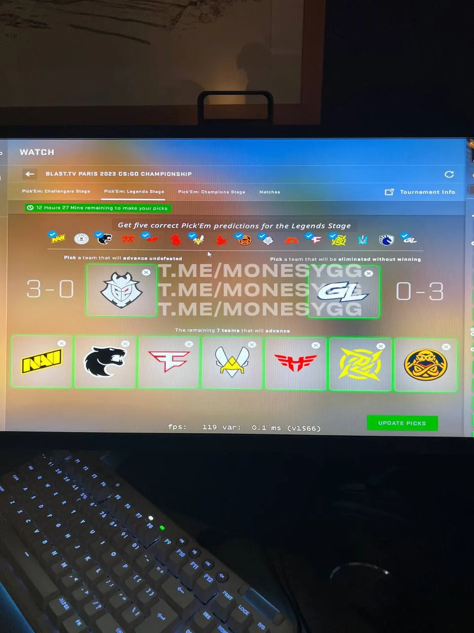 Pick'Em от m0NESY для стадии «Легенд» на BLAST.tv Paris Major 2023