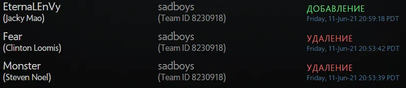 Изменения в составе sadboys на официальном сайте Dota 2