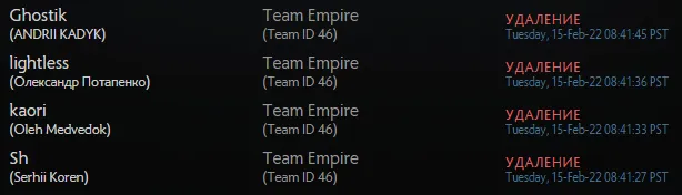 Team Empire на сайте регистрации команд