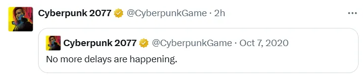 Любопытно, что в реплаях отметился также официальный аккаунт Cyberpunk 2077, который процитировал свой твит от 7 октября 2020 года