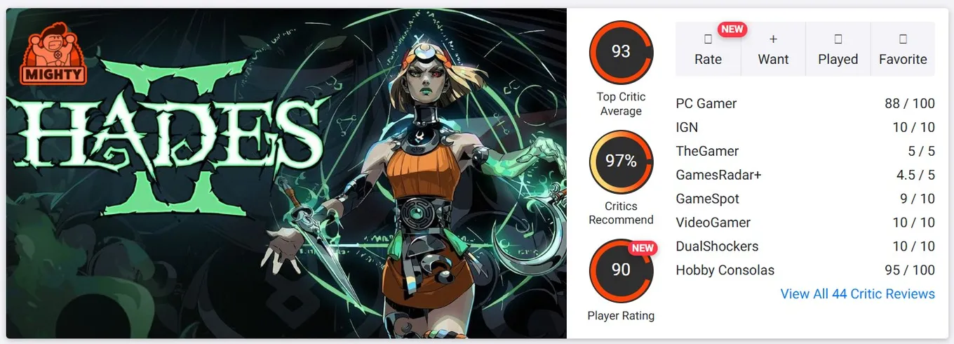 Hades II от студии Supergiant Games на OpenCritic