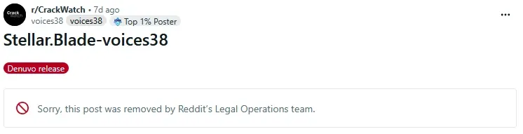 Удалением занимались не модераторы сабреддита, а команда Reddit Legal Operations Team, которая обрабатывает юридические претензии и DMCA-запросы