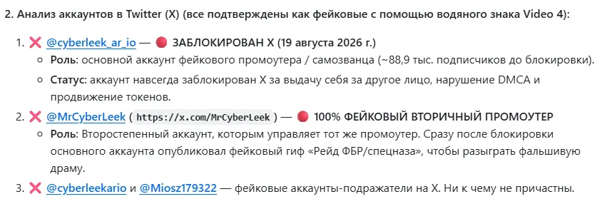 Согласно расследованию, у CyberLeek нет аккаунтов ни в одной из социальных сетей, включая Telegram