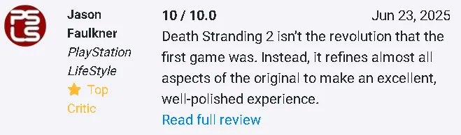 Джейсон Фолкнер из PlayStation LifeStyle оценил Death Stranding 2 на 10/10