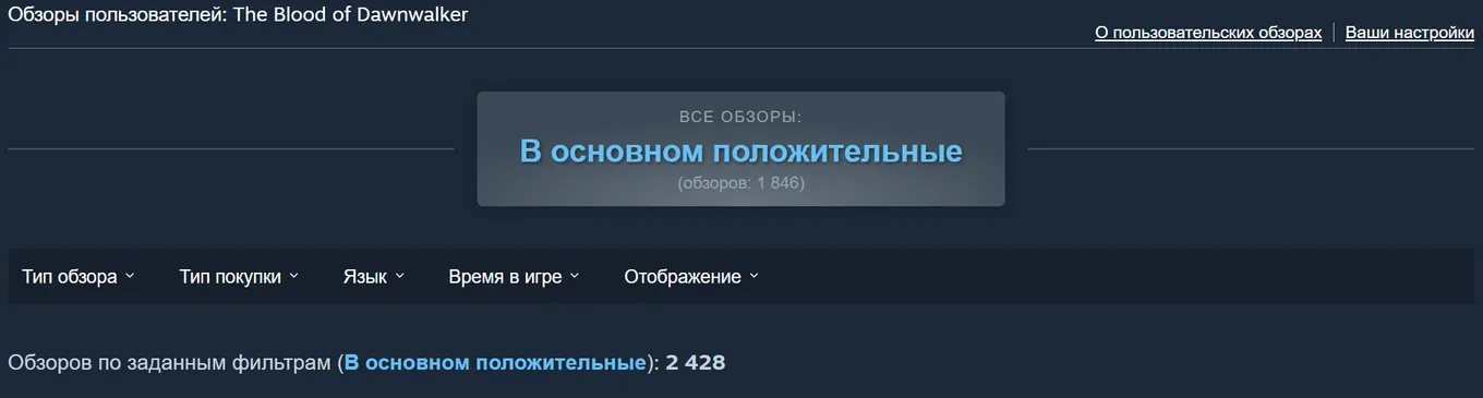 Статистика отзывов об игре в Steam