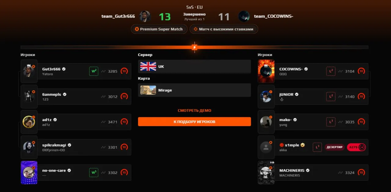 Матч s1mple на FACEIT