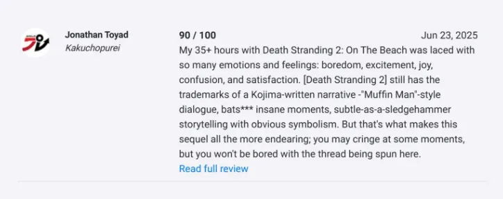 Отзыв Джонатан Тояд из издания Kakuchopurei о Death Stranding 2: On the Beach