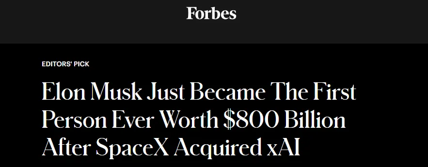 Американское издание Forbes сообщило, что Илон Маск стал первым в истории человеком, чьё богатство превысило 800 млрд долларов