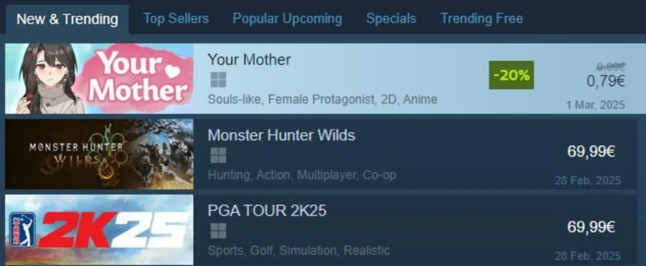 «Ваша мать» на 1 месте в «Новинках» в Steam (от 4 марта 2025 года)