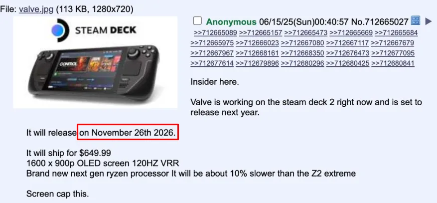 По информации инсайдера, Steam Deck 2 выйдет 26 ноября 2026 года