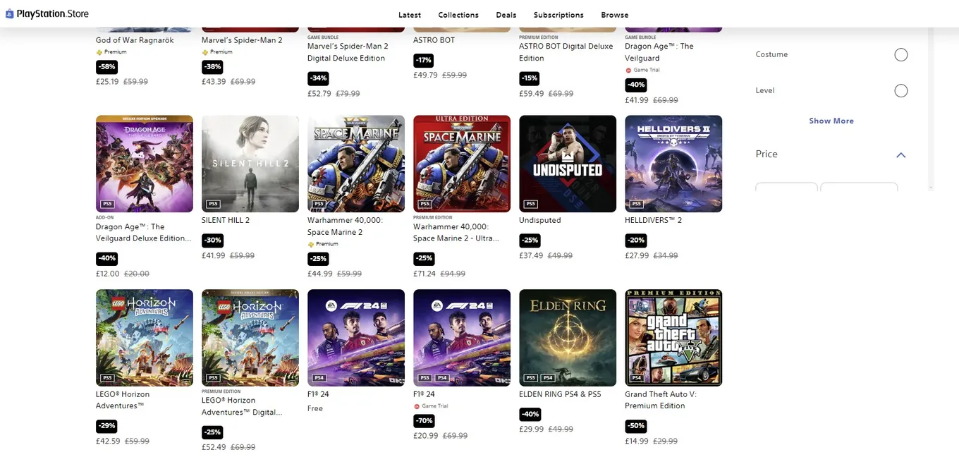 PlayStation Store (цены в фунтах стерлингов)