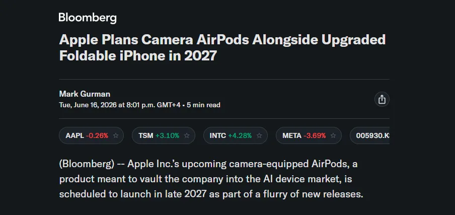 Apple планирует выпустить AirPods с ИИ и встроенными камерами в конце 2027 года