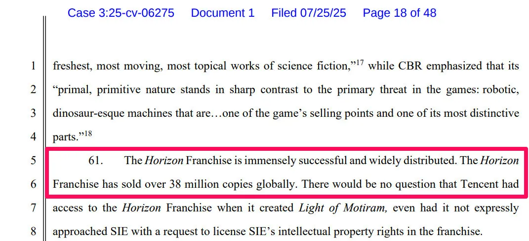 судебный документ, где Sony подаёт иск против Tencent за предполагаемое копирование своей интеллектуальной собственности в игре Light of Motiram.