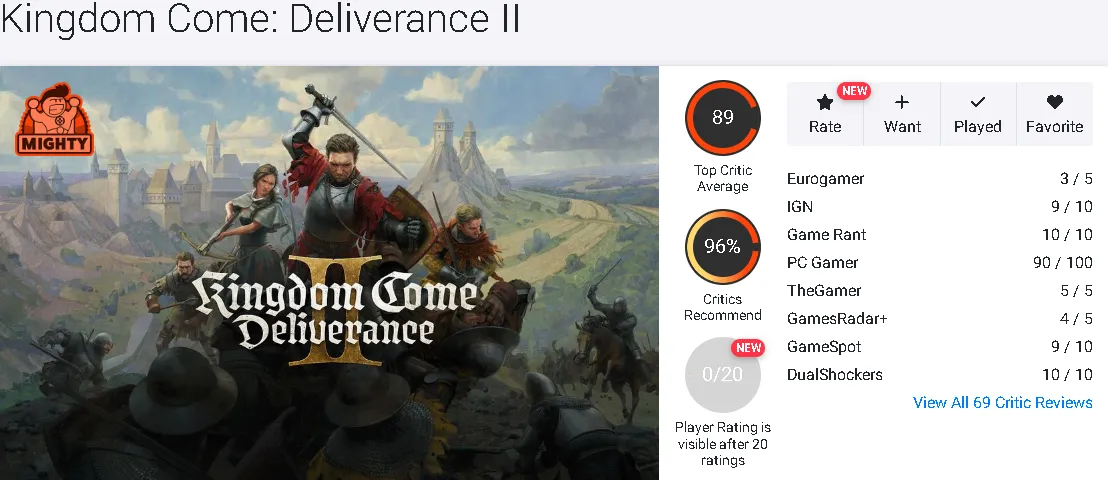 Отзывы и оценки Kingdom Come: Deliverance II на Opencritic