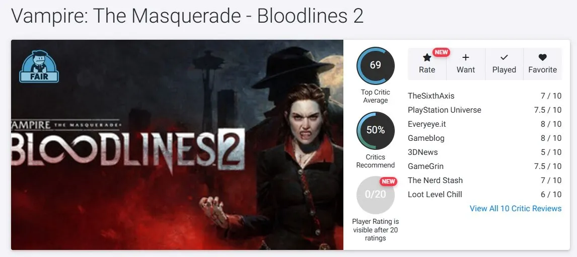 Отзывы о Vampire: The Masquerade – Bloodlines 2 на Opencritic