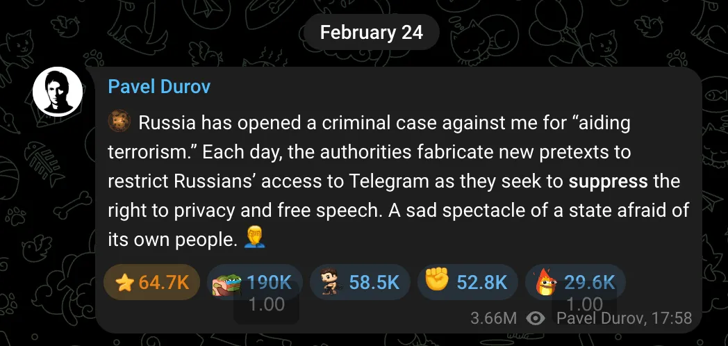 Россия возбудила против меня уголовное дело за «пособничество терроризму». Каждый день власти придумывают новые предлоги, чтобы ограничить доступ россиян к Telegram, стремясь подавить право на неприкосновенность частной жизни и свободу слова. Печальное зрелище государства, боящегося собственного народа.