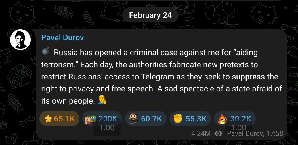 Актуальный комментарий Павла Дурова* (основателя Telegram) по поводу блокировки мессенджера: «Россия возбудила против меня уголовное дело за «пособничество терроризму». Каждый день власти придумывают новые предлоги, чтобы ограничить доступ россиян к Telegram, стремясь подавить право на неприкосновенность частной жизни и свободу слова. Печальное зрелище государства, боящегося собственного народа»