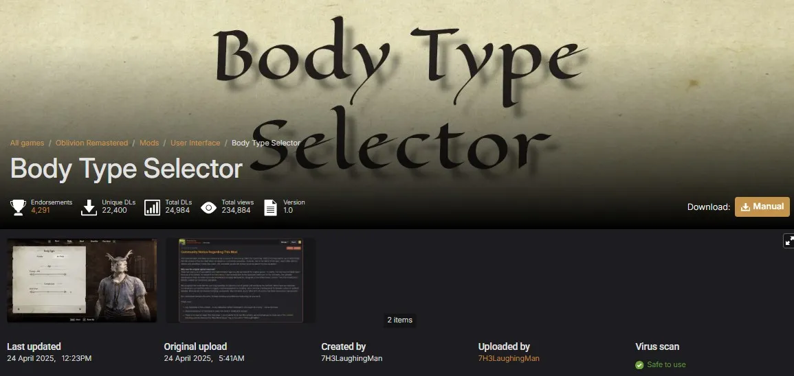 Body Type Selector для The Elder Scrolls IV: Oblivion Remastered