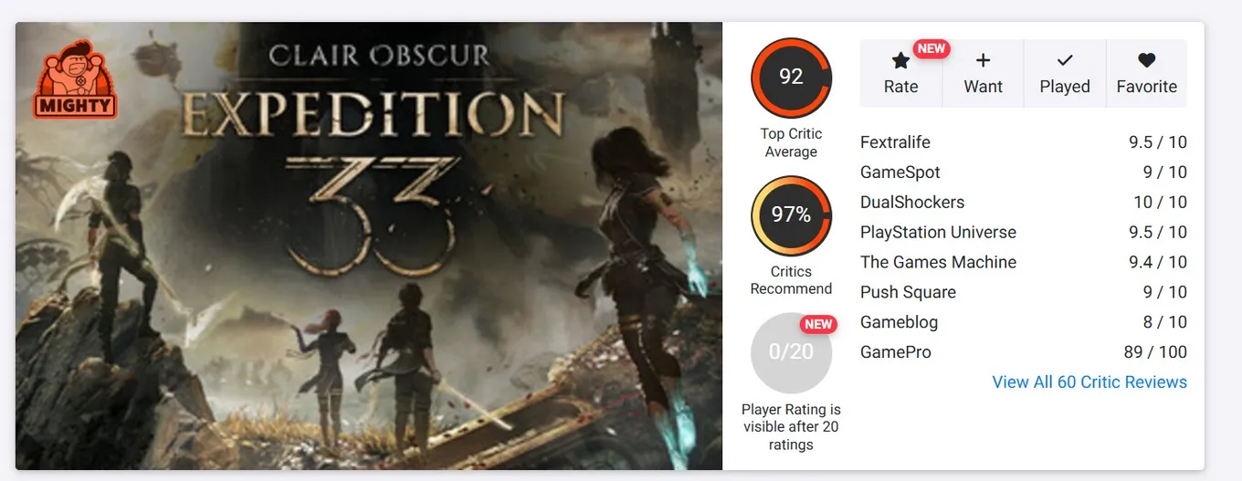 Clair Obscur: Expedition 33 на OpenCritic