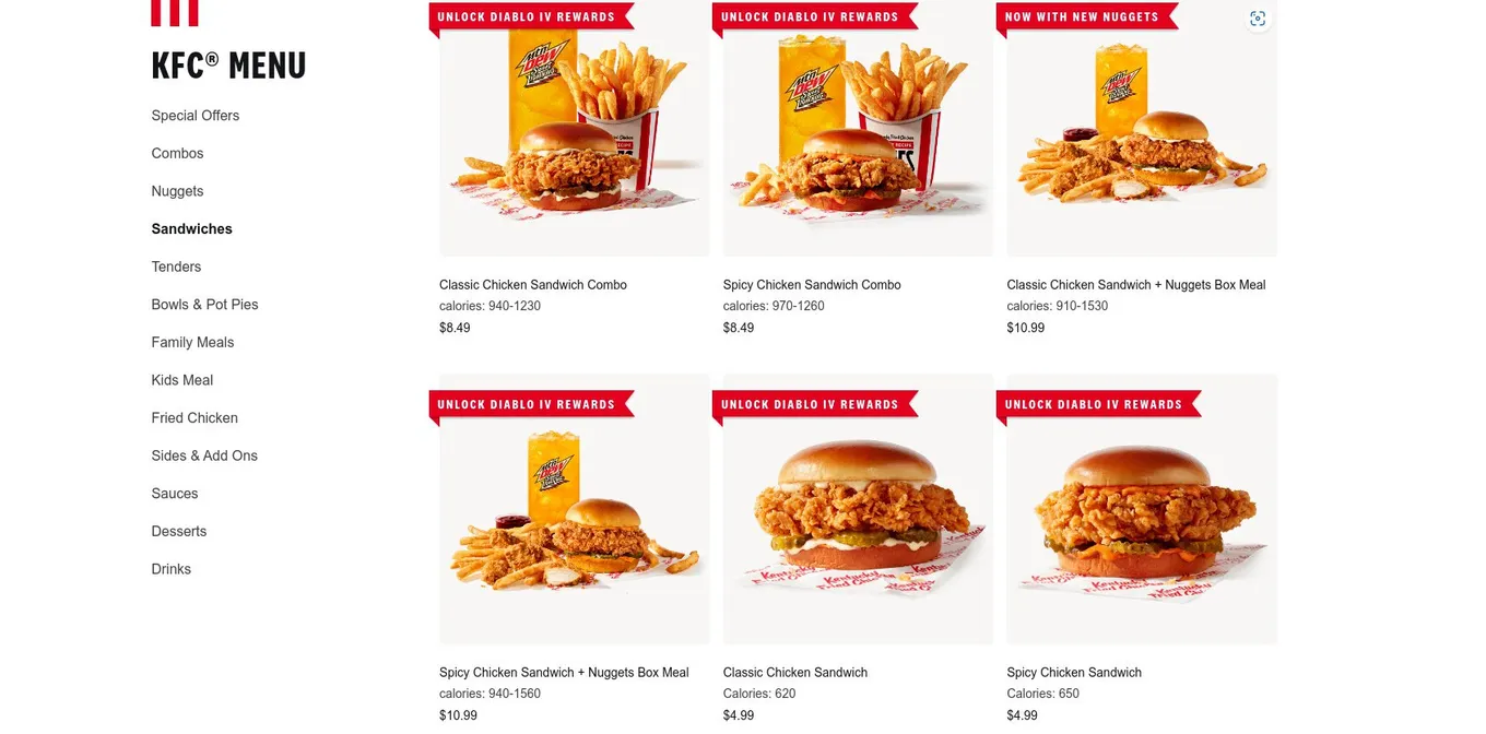 Меню KFC с кодами для Diablo IV