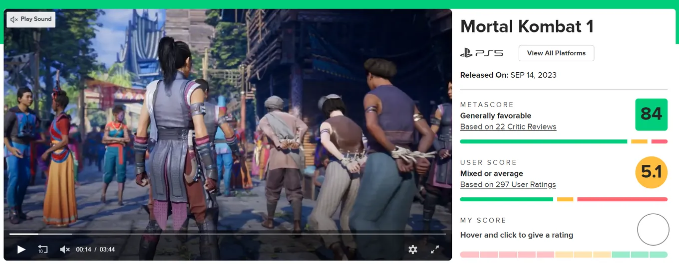Рейтинг Mortal Kombat 1 на Metacritic