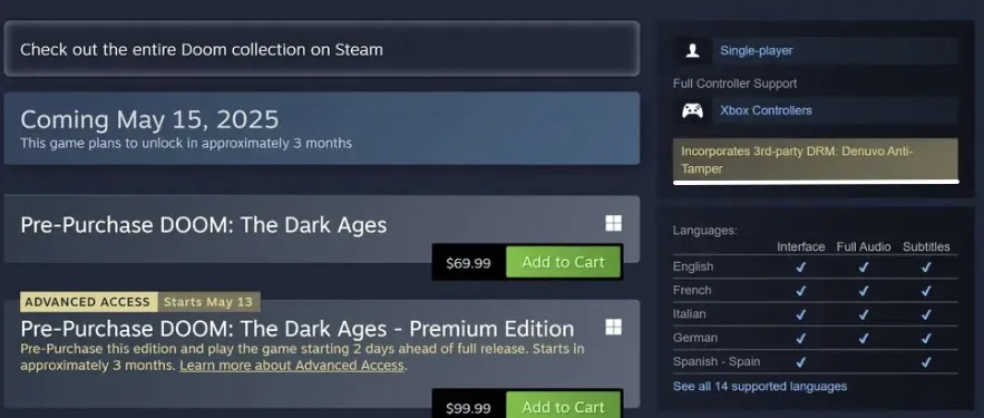 Присутствие защиты Denuvo DRM у DOOM: The Dark Ages