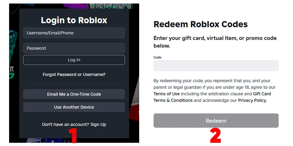 Ввод промокода на официальном сайте Roblox