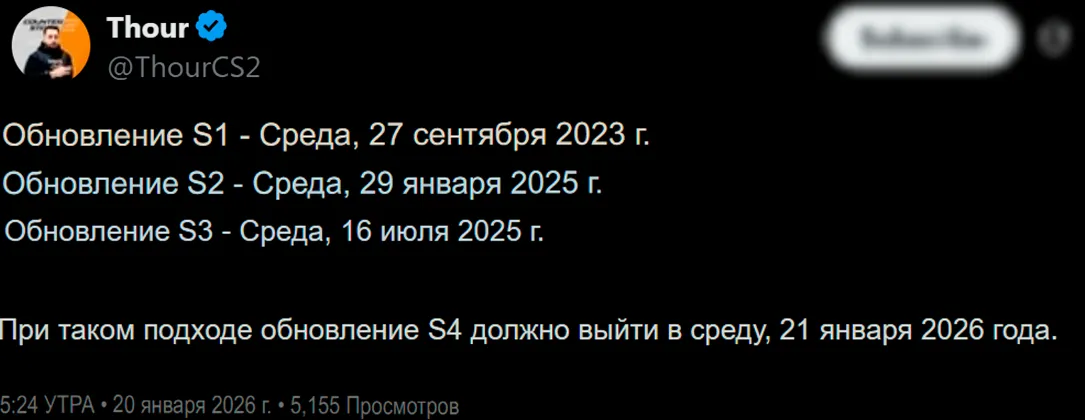 Большое обновление и начало 4 сезона Premier в CS2 могут ждать игроков в ночь с 20 на 21 января 2026 года: об этом в сообщил датамайнер Thour сразу по окончании третьего сезона «Премьера»