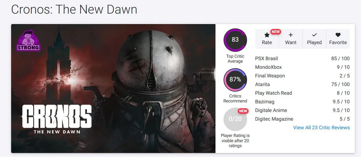 Оценка Cronos: The New Dawn (OpenCritic)