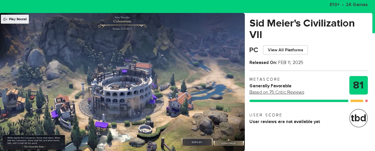Ещё до выхода в «ранний доступ» Sid Meier’s Civilization VII для ПК набрала более 80 баллов на Metacritic, сегодня оценка игры основана на 77 отзывах от критиков, СМИ, экспертов и обозревателей