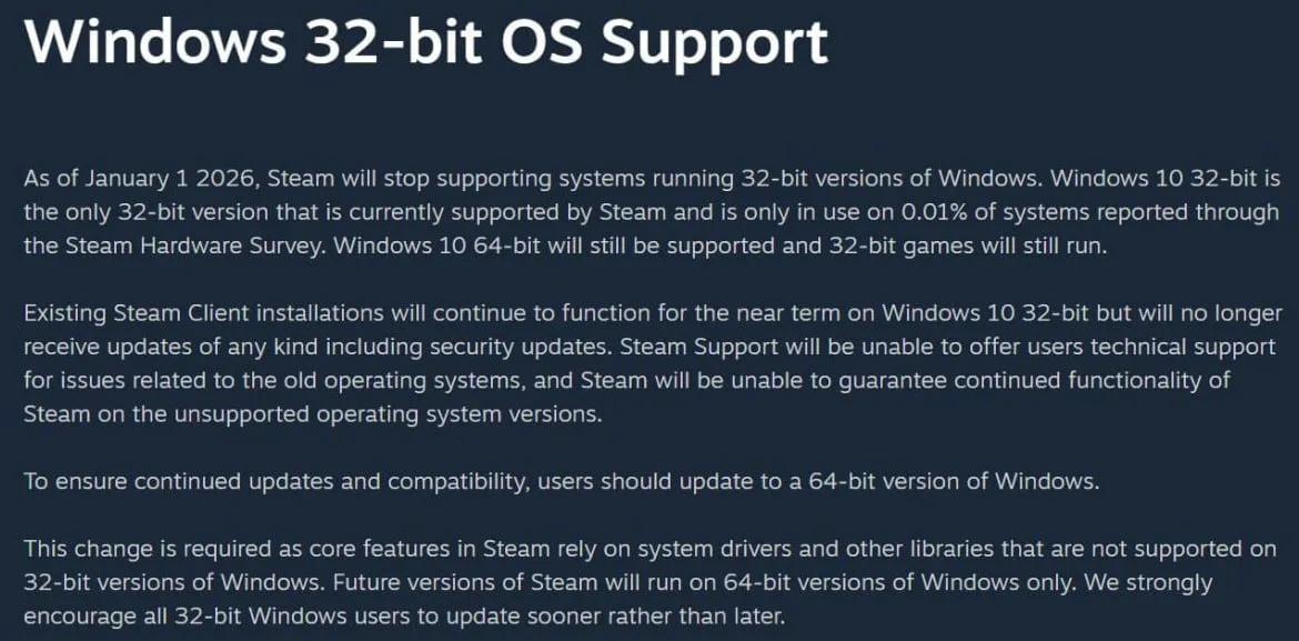 Заявление от Valve и Steam о прекращении поддержки Windows 10, 32-битную версию
