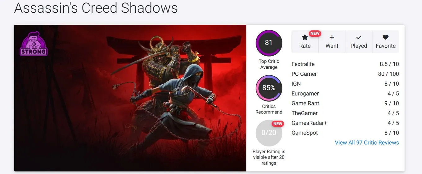 Отзывы на Assassin's Creed: Shadows (OpenCritic)