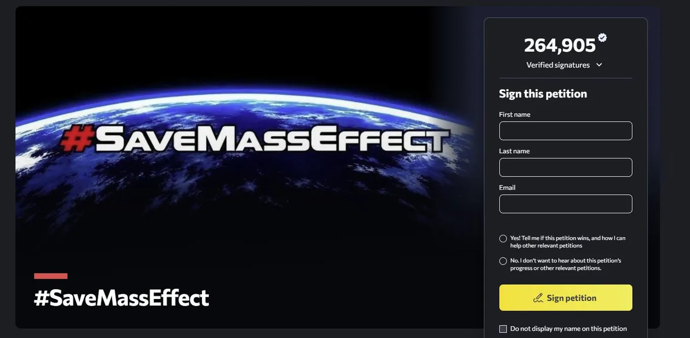 Петиция со спасением новой Mass Effect на Change.org