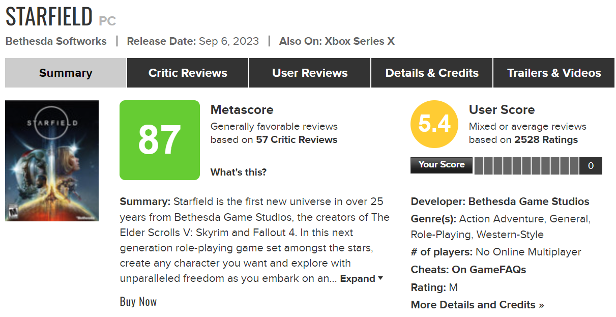 Оценки Starfield на Metacritic